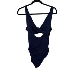 La Blanca Island Goddess cross front keyhole one piece swimsuit blue size 12